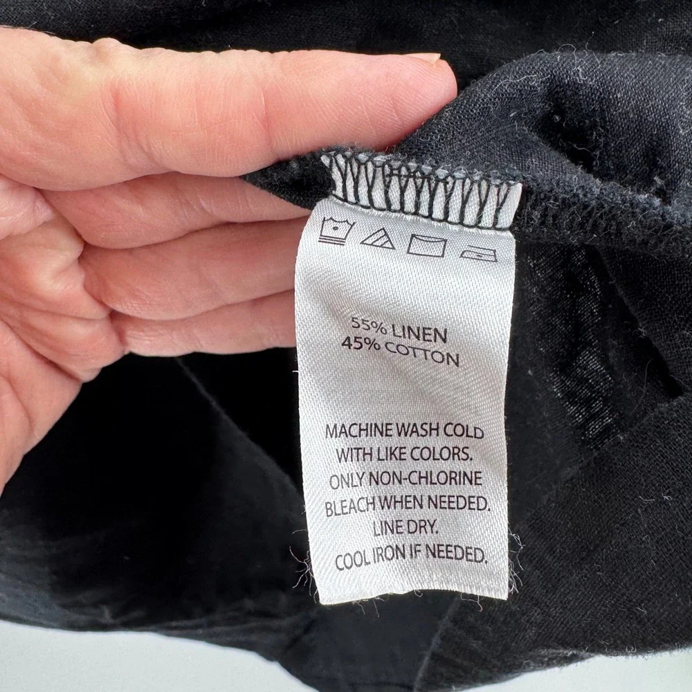 Saks Fifth Avenue Black V Neck Smocked Waist Puff Sleeve‎ Dress Linen Cotton XL